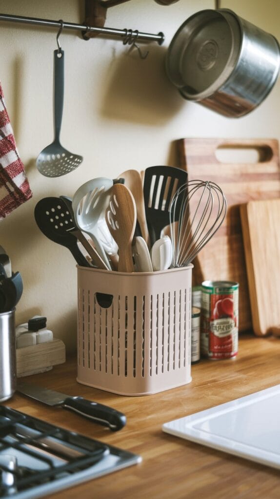 Utensil caddy organizing kitchen tools like spoons, spatulas, and whisks.