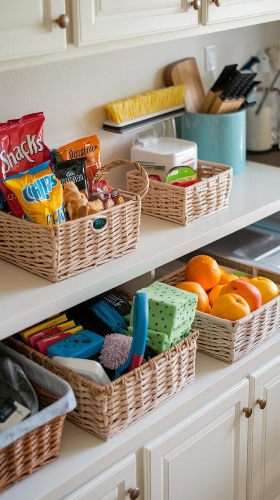 Baskets grouping similar kitchen items on a counter.