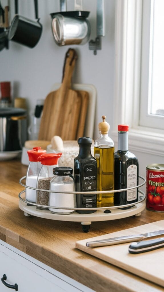 Lazy Susan on kitchen countertop holding condiments.