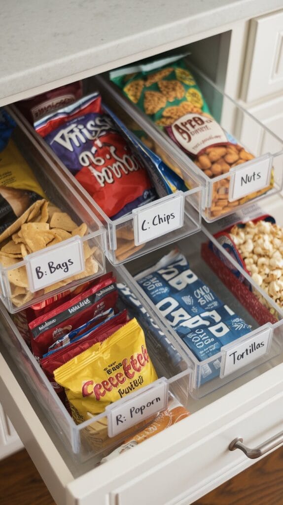 Drawer dedicated to snack storage with clear bins.