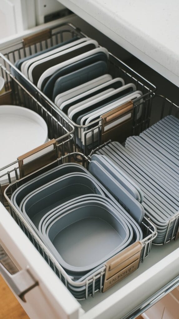 Plastic lids stored in file organizers inside kitchen drawer.