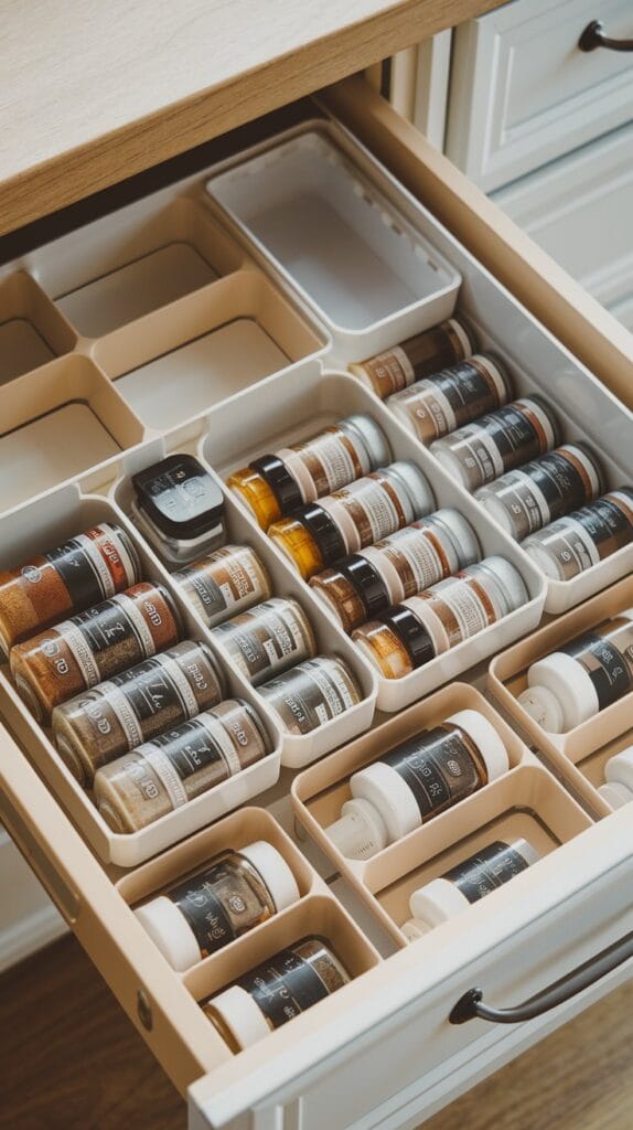 Spices neatly arranged in a kitchen drawer organizer.