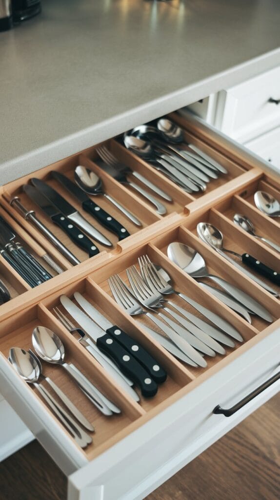 Kitchen drawer with organized utensils separated by drawer dividers.