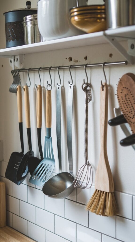 Adhesive hooks used for holding lightweight kitchen tools.