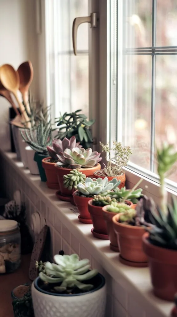 Kitchen window sill with a variety of potted plants including succulents and ferns.