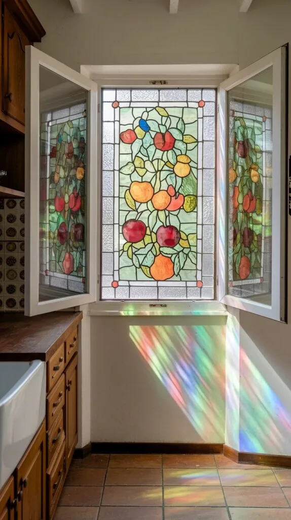 Kitchen window with a colorful stained glass accent casting light into the room.