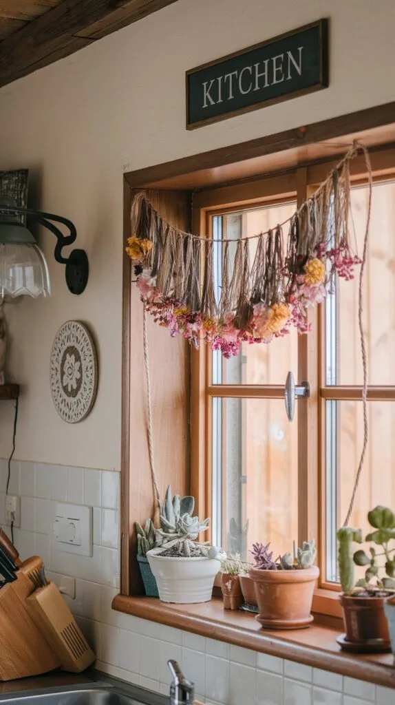 DIY window garland with twine and dried flowers on a kitchen window.