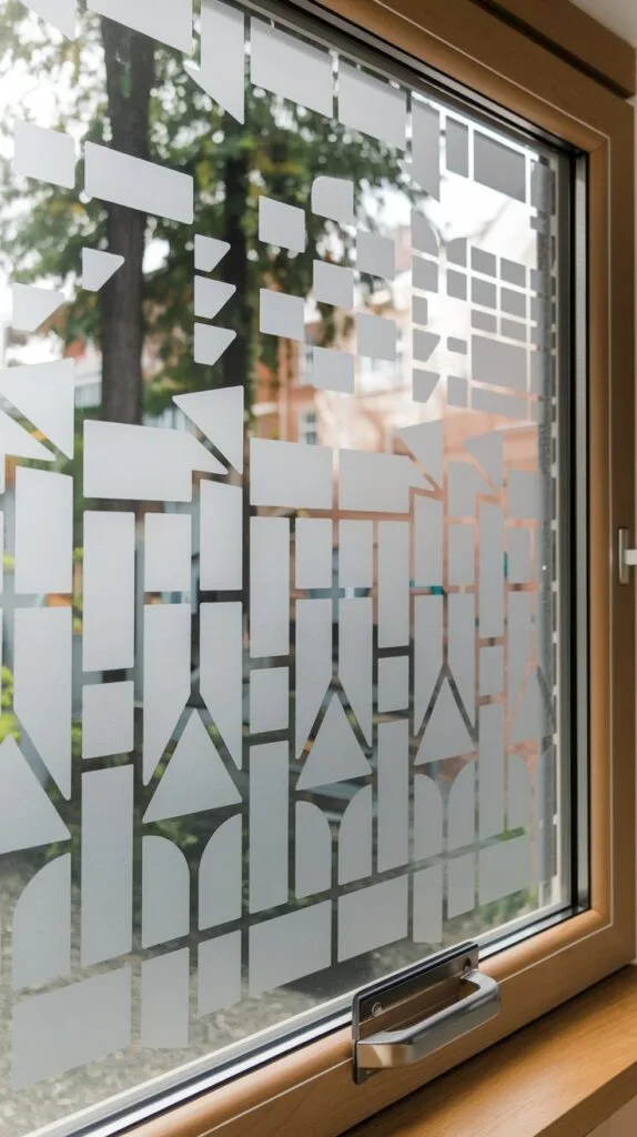 Kitchen window with patterned frosted window film for privacy.