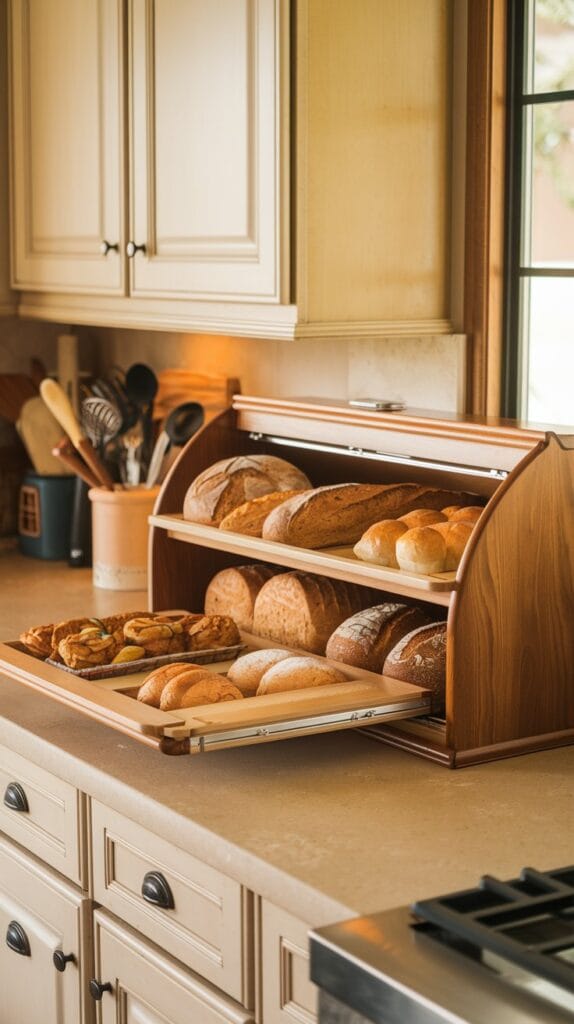 Breadbox storing loaves of bread and pastries on kitchen counter.