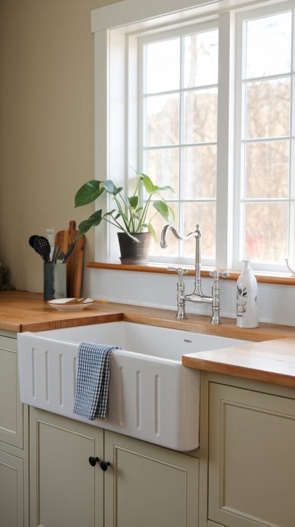 A farmhouse sink with an apron front, adding charm and functionality to the kitchen.