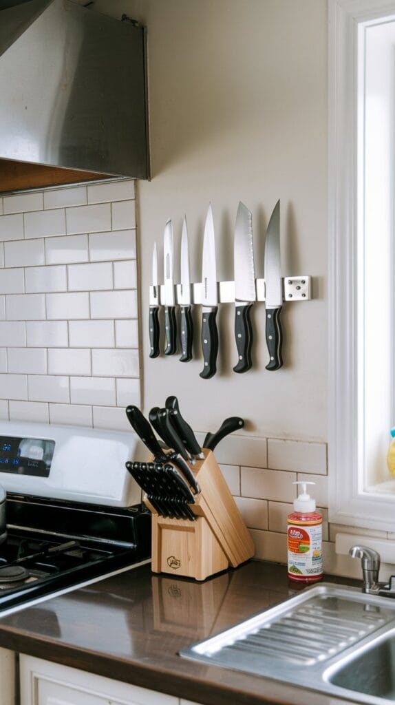 Magnetic knife strip holding kitchen knives on the wall.