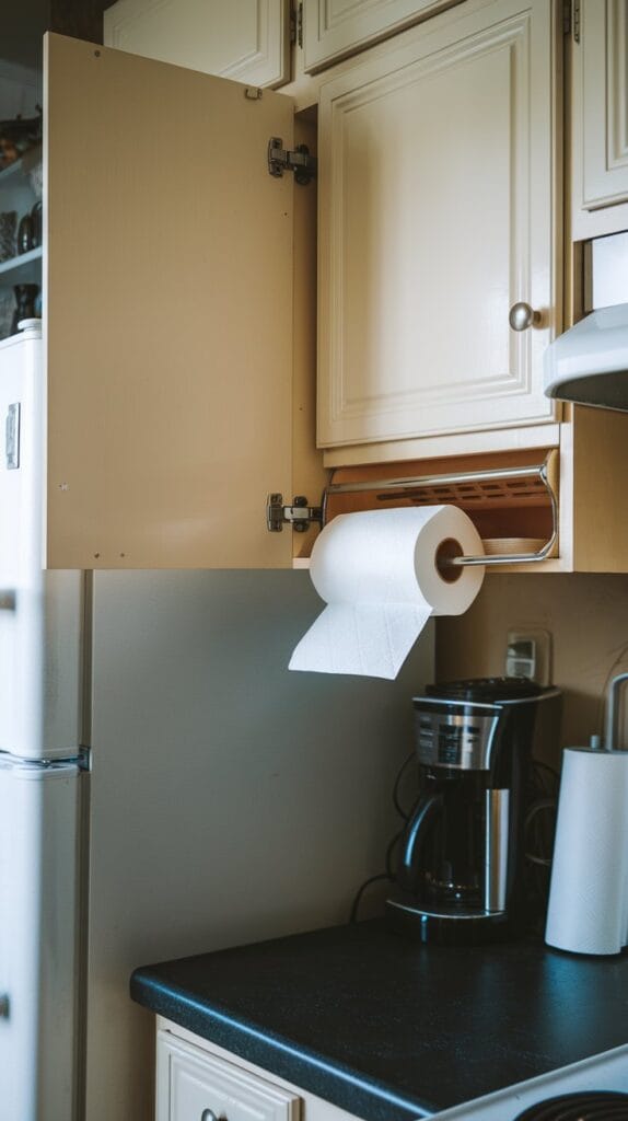 Paper towel holder mounted inside kitchen cabinet door.