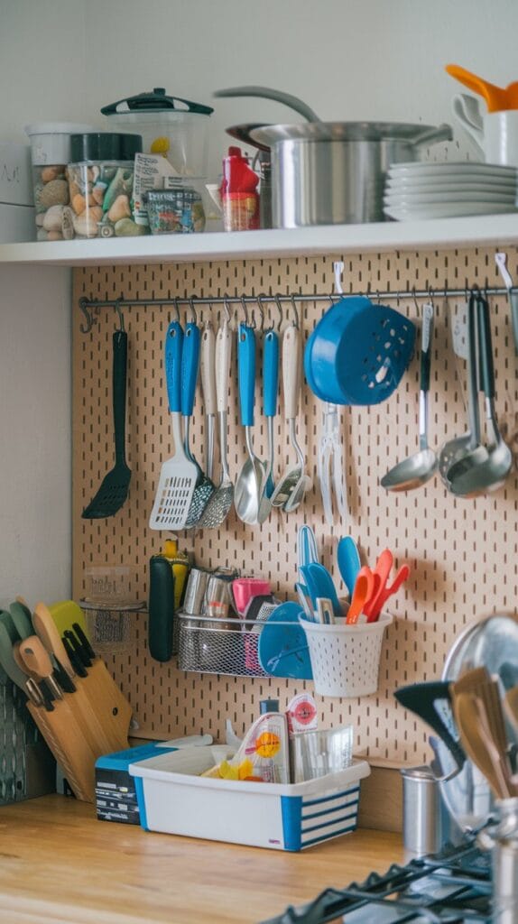 Pegboard with kitchen tools hanging on the wall.