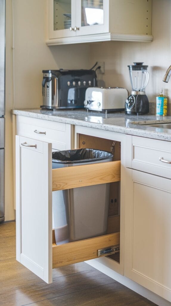 Pull-out trash bins installed under kitchen counter for organized waste storage.