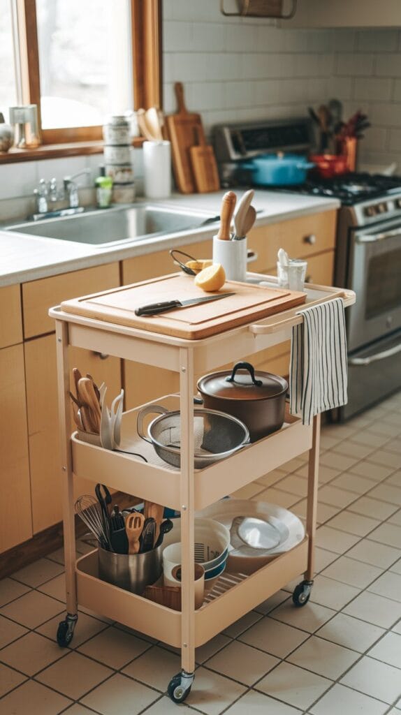 Rolling kitchen cart with essential kitchen items.