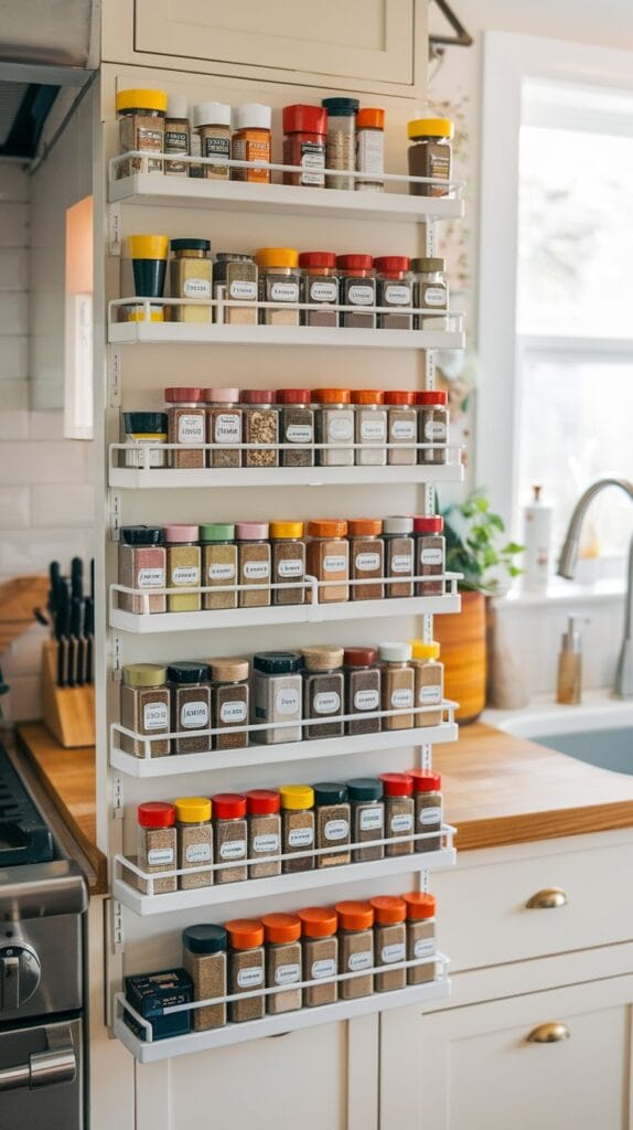 Spice rack with adjustable shelves storing spices in kitchen.