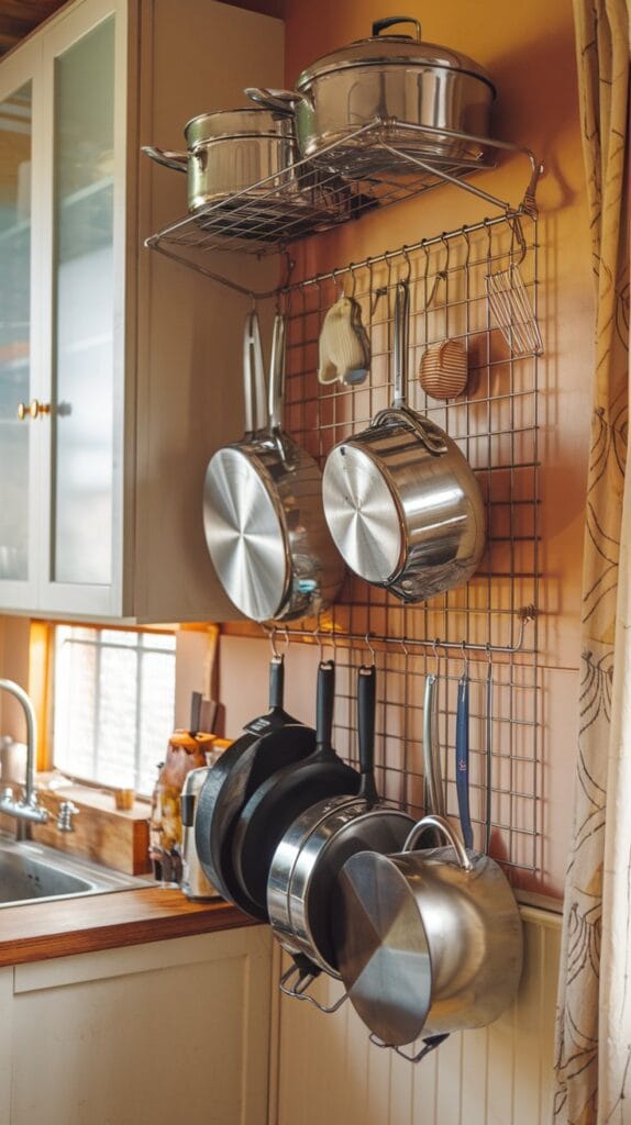 Wall rack in the kitchen holding pots and pans.