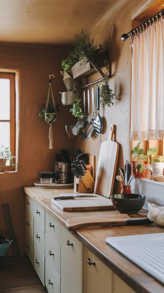 Hanging plants and herbs adding greenery to a rustic kitchen.