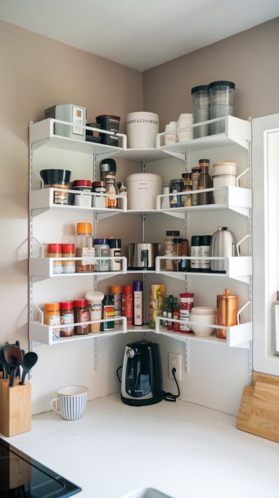 Corner shelf organizers storing kitchen items in a compact space.
