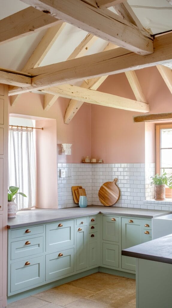 A cozy kitchen with exposed wooden beams, adding rustic charm to the design.