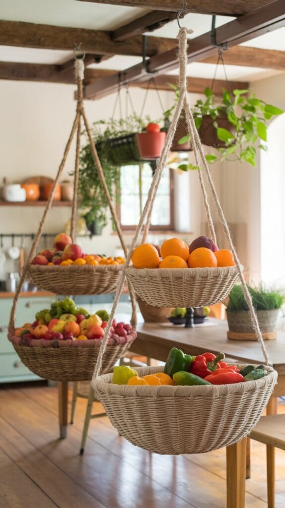 Hanging baskets storing fresh produce in kitchen.