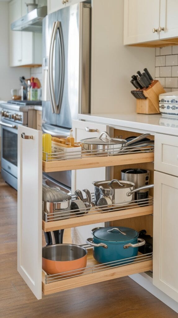 Pull-out cabinet organizer for kitchen storage.