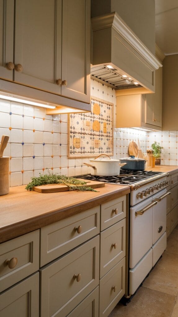 Under-cabinet lighting creating a soft glow in a kitchen.