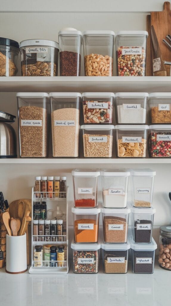 Labeled kitchen storage containers for easy identification.