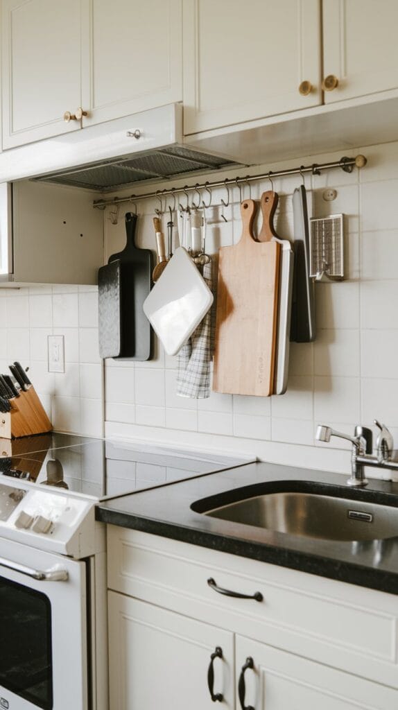 Tension rods used for vertical kitchen storage under cabinet.