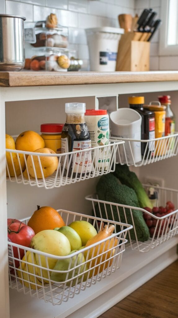Under-shelf baskets for additional kitchen storage.