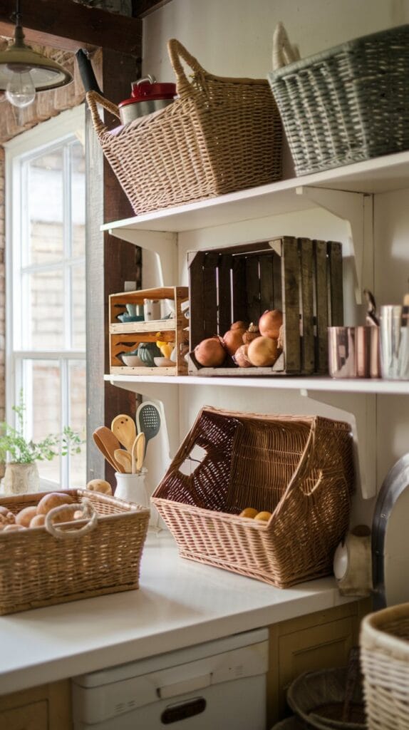  Wicker baskets and vintage crates adding extra storage to a kitchen.