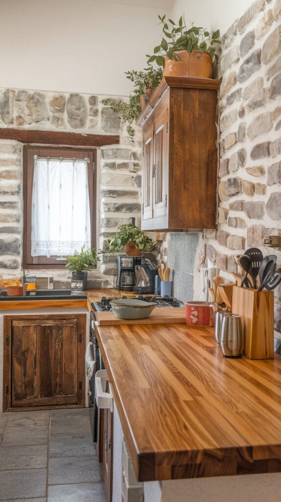 Wooden countertops and stone backsplash in a rustic kitchen.