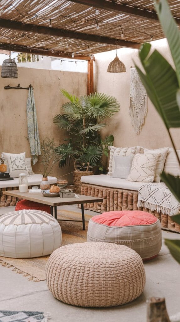 Low seating arrangements for a relaxed, bohemian outdoor setting.