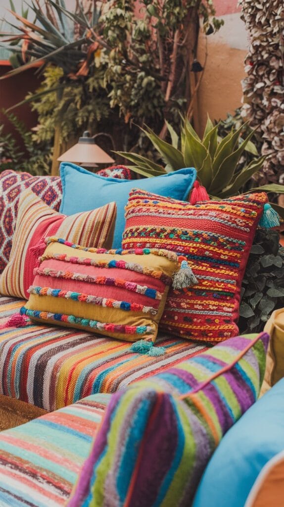 Colorful throw pillows adding vibrancy to outdoor seating.