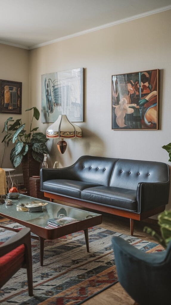 Living room blending vintage and modern furniture, including a mid-century sofa and vintage coffee table.