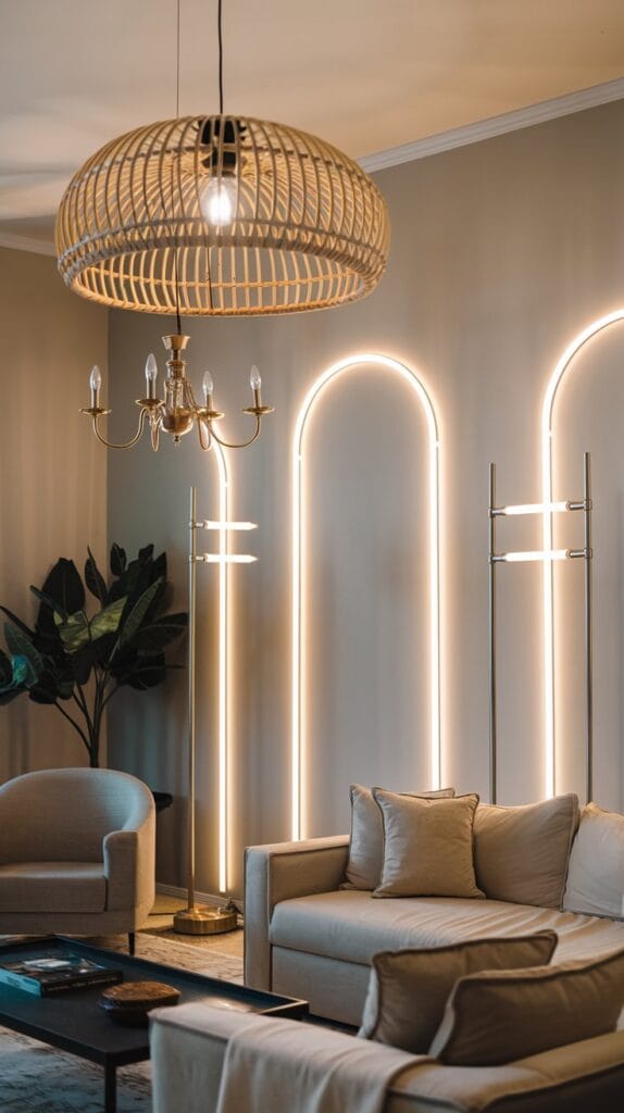 Living room with statement lighting, including a rattan pendant light and arched floor lamps.