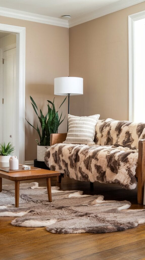 Faux fur rug in front of a sofa, adding warmth and texture to the living room.