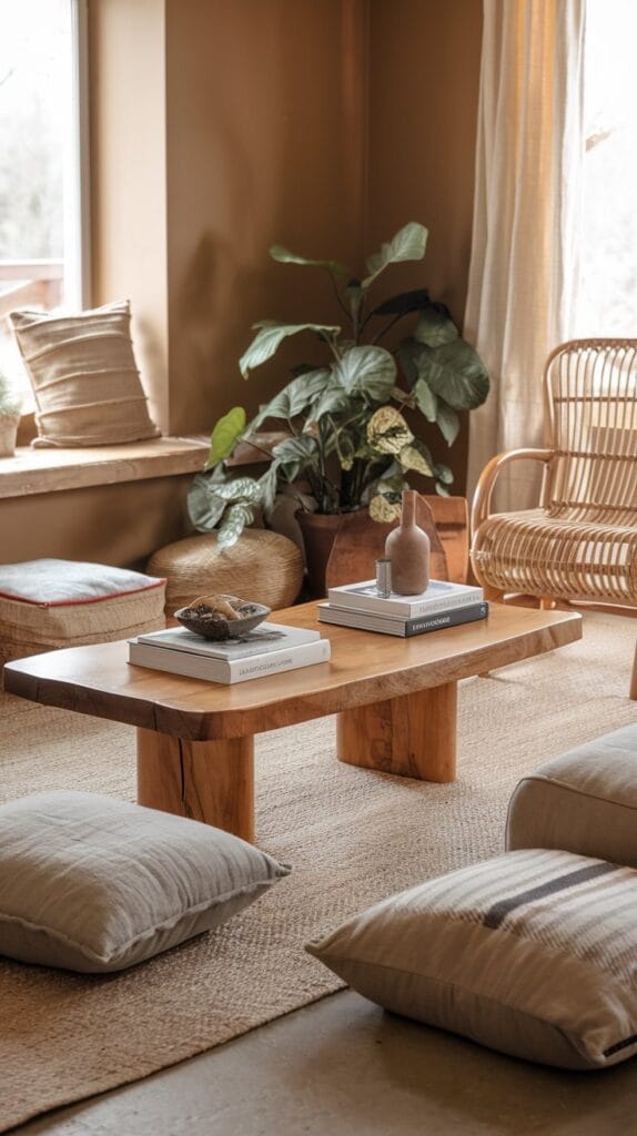 Living room with natural materials like wood, rattan, and linen.