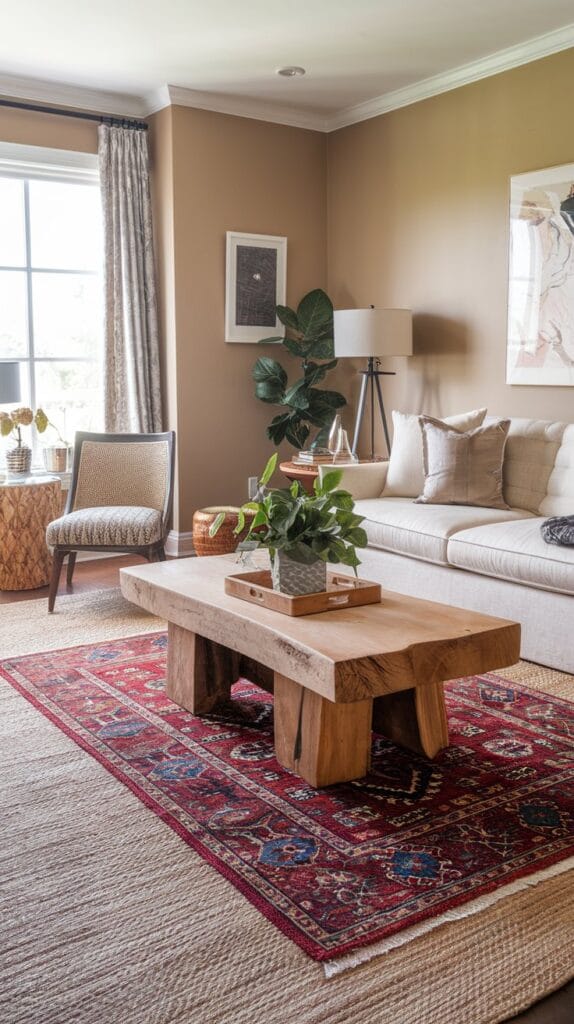 Layered rugs in a living room, with a neutral base and patterned top rug.