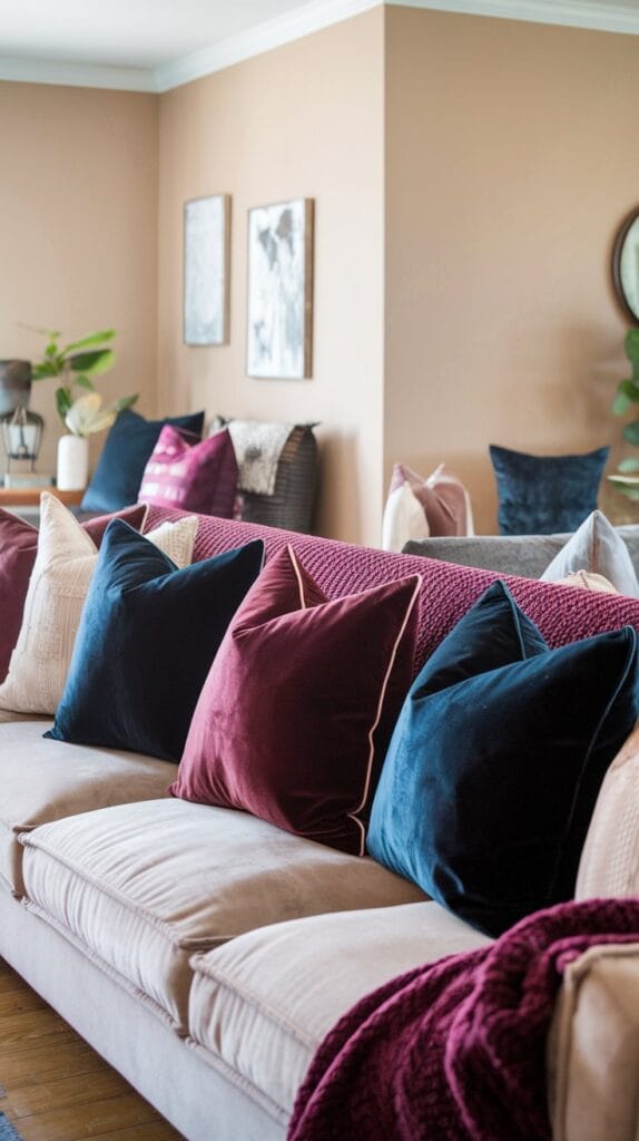 Velvet and knitted pillow covers on sofas for a cozy, inviting look.