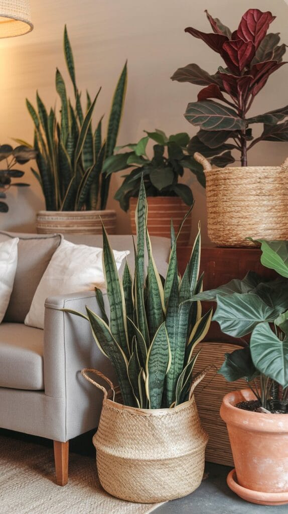 Living room with lush houseplants in terracotta pots and woven baskets.