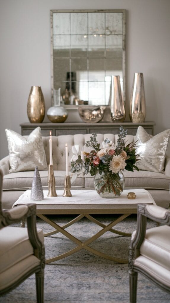 Gold and silver metallic accents adding festive elegance to a living room.