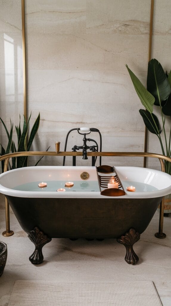Clawfoot tub with modern matte black fixtures and brass accents in a stylish bathroom.