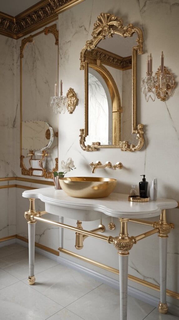 Marble countertop with gold accents in Rococo bathroom.