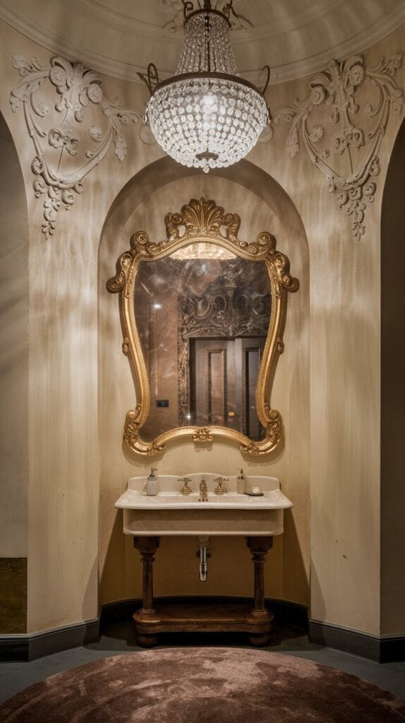 Gilded mirror and crystal chandelier in a Rococo bathroom.