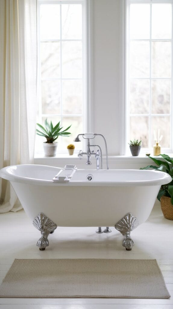 Elegant white clawfoot tub with sleek chrome fixtures in a modern bathroom.