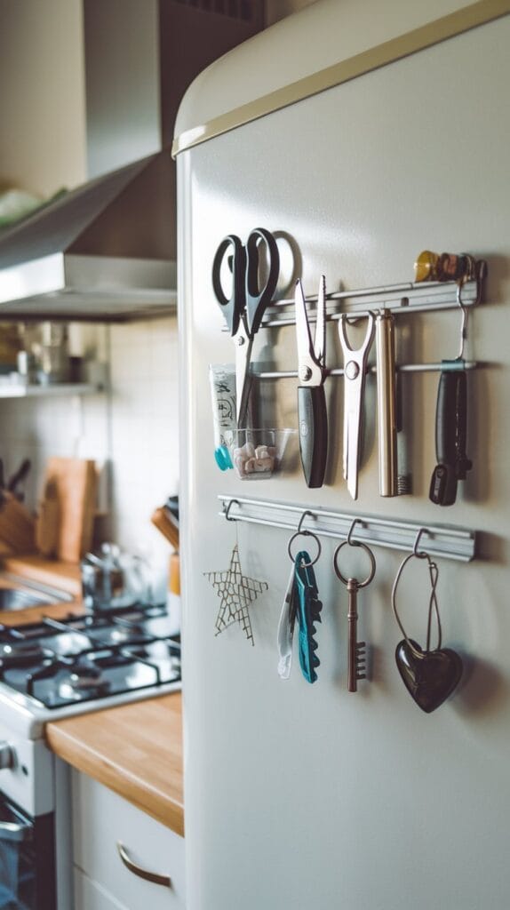 Magnetic strip on fridge holding small items like scissors and bottle openers.