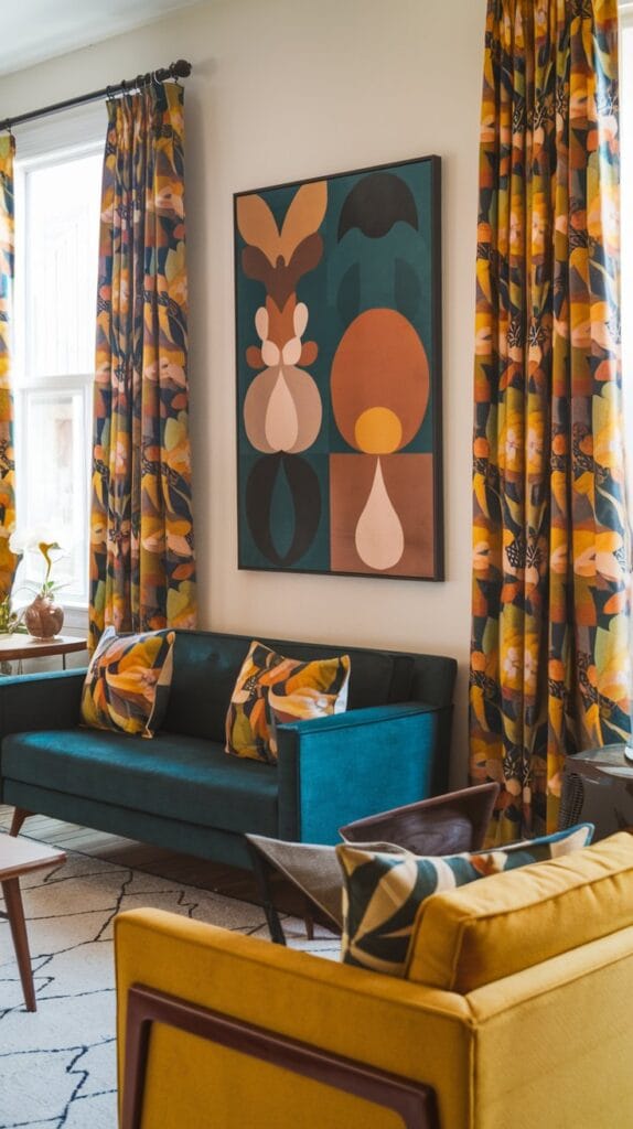 A mid-century modern living room with geometric floral patterns and sleek furniture.