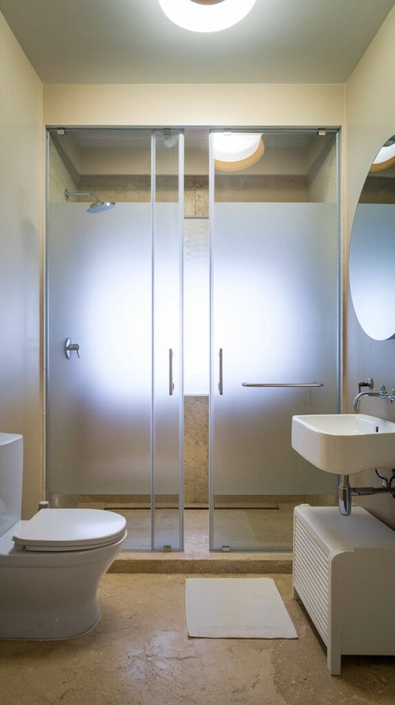 Modern bathroom with a frosted glass shower enclosure.