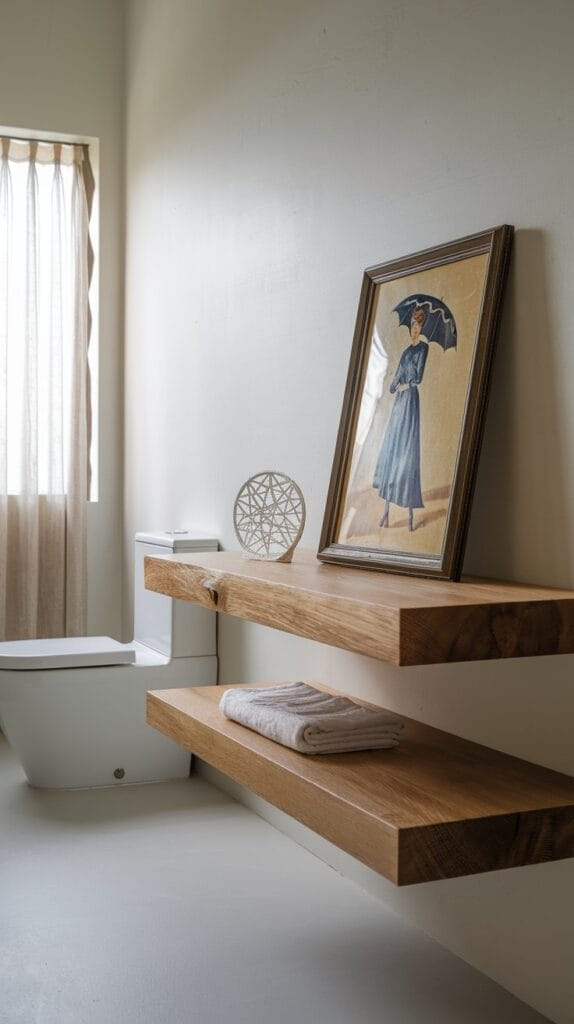 Bathroom with vintage artwork on sleek floating shelves.
